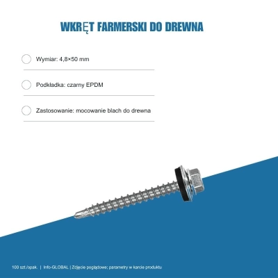 Wkręty farmerskie do blachy 4,8x50 mm do drewna – ocynk, 100 szt.